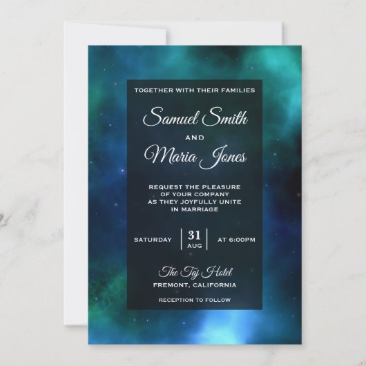 宇宙ネブラブルーグリーン銀河系結婚式招待状 招待状 (正面)
