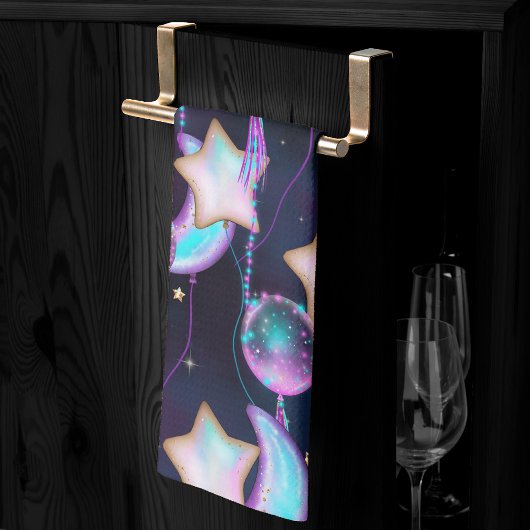 宇宙バルーン | Blue Purple Moon Stars Planets キッチンタオル