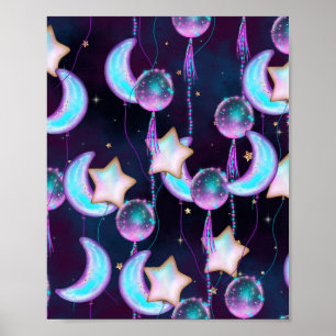 宇宙バルーン Blue Purple Moon Stars Planets ポスター