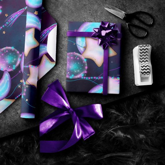 宇宙バルーン | Blue Purple Moon Stars Planets ラッピングペーパー