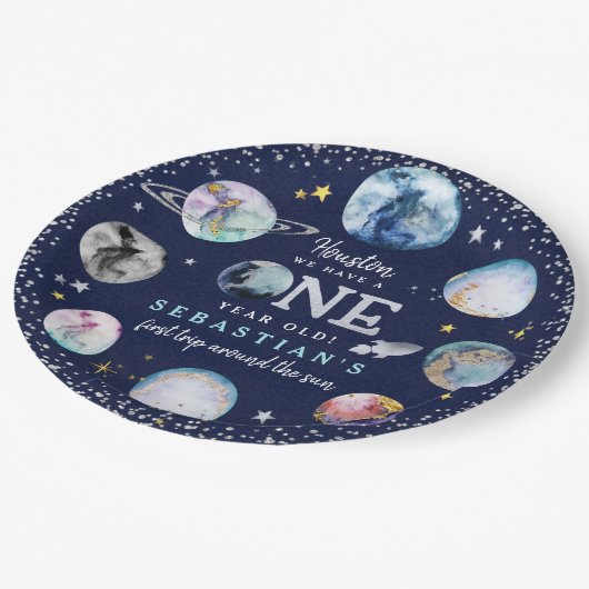 宇宙バースデーパーティーのまわりにファーストトリップザサンパ ペーパープレート (アングル)