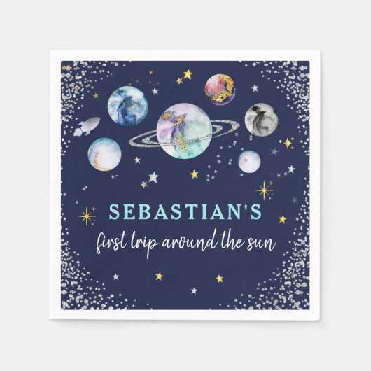 宇宙バースデーパーティーのまわりにファーストトリップザサン スタンダードカクテルナプキン (正面)