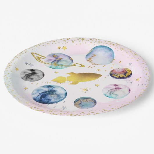 宇宙バースデーパーティーのまわりにファーストトリップザサン ペーパープレート (アングル)