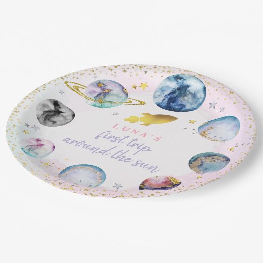 宇宙バースデーパーティーのまわりにファーストトリップザサン ペーパープレート (アングル)