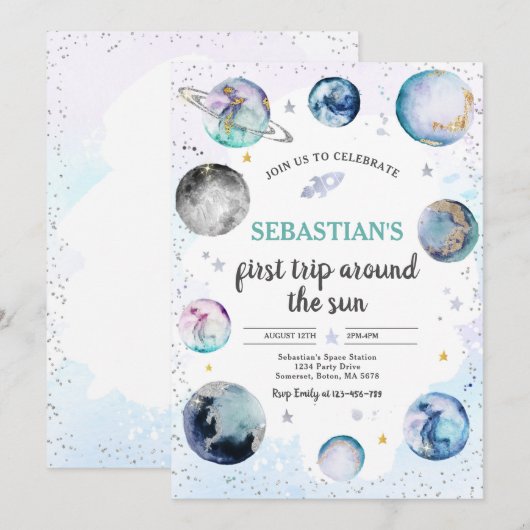 宇宙バースデーパーティーのまわりにファーストトリップザサン 招待状 (正面/裏面)