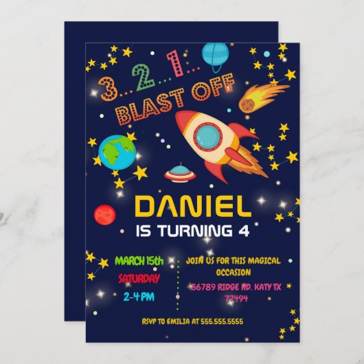 宇宙バースデーパーティーブラストオフ 招待状 (正面/裏面)