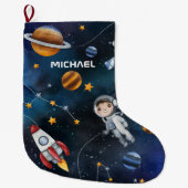 宇宙パターン宇宙飛行士イラストレーションカスタム ラージクリスマスストッキング (正面)