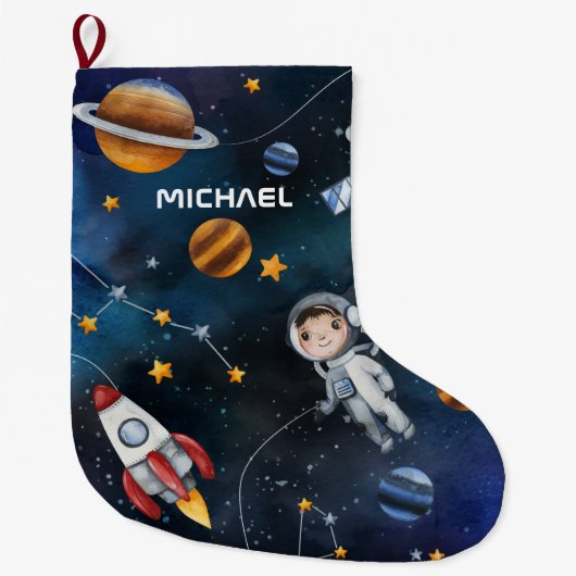 宇宙パターン宇宙飛行士イラストレーションカスタム ラージクリスマスストッキング (正面)