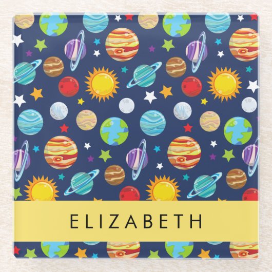 宇宙パターン，惑星，星，コスモス，あなたの名前 ガラスコースター (正面)