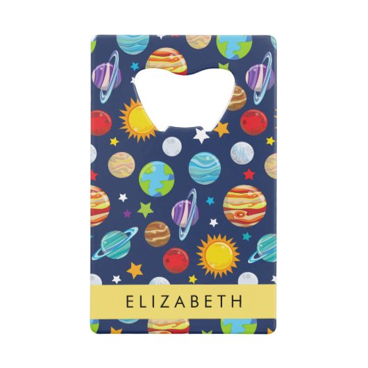 宇宙パターン,惑星,星,コスモス,あなたの名前 クレジットカード栓抜き (正面)