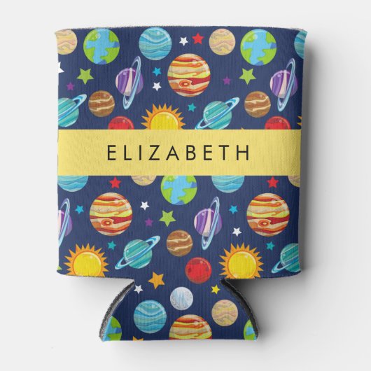 宇宙パターン,惑星,星,コスモス,あなたの名前 缶クーラー (正面)