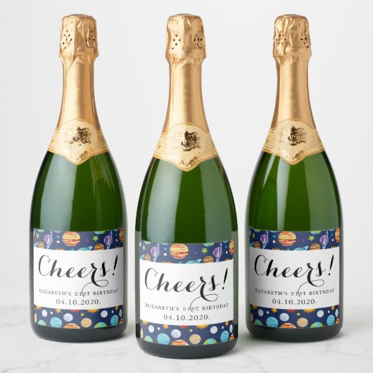 宇宙パターン，惑星，星，コスモス，誕生日 スパークリングワインラベル (ボトル)