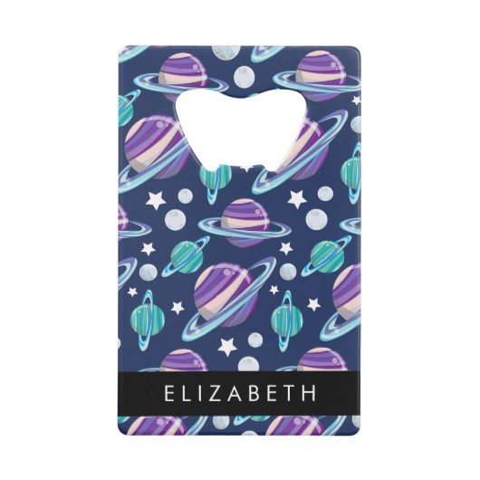 宇宙パターン,惑星,星,銀河系,あなたの名前 クレジットカード栓抜き (正面)