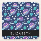 宇宙パターン,惑星,星,銀河系,あなたの名前 スクエアペーパーコースター (正面)