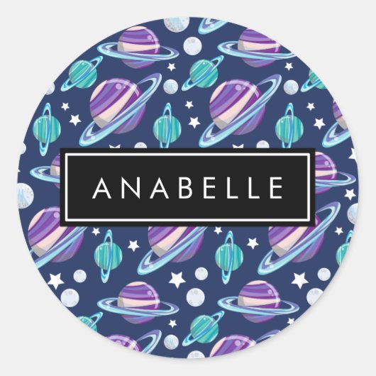 宇宙パターン，惑星，星，銀河系，あなたの名前 ラウンドシール (正面)