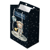 宇宙パーソナライズされたベア抱き枕誕生日 ミディアムペーパーバッグ (正面アングル)