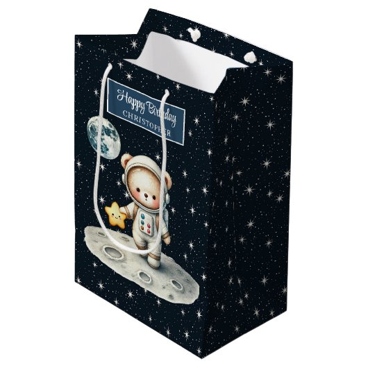 宇宙パーソナライズされたベア抱き枕誕生日 ミディアムペーパーバッグ (正面アングル)