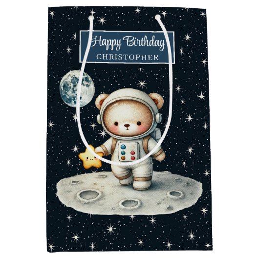 宇宙パーソナライズされたベア抱き枕誕生日 ミディアムペーパーバッグ (正面)