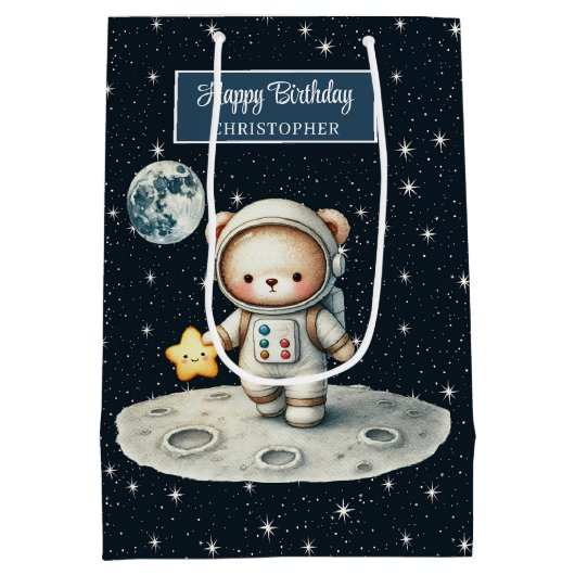 宇宙パーソナライズされたベア抱き枕誕生日 ミディアムペーパーバッグ (裏面)