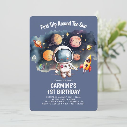 宇宙パーティーファーストのまわりにトリップサンファースト誕生日 招待状 (スタンド正面)