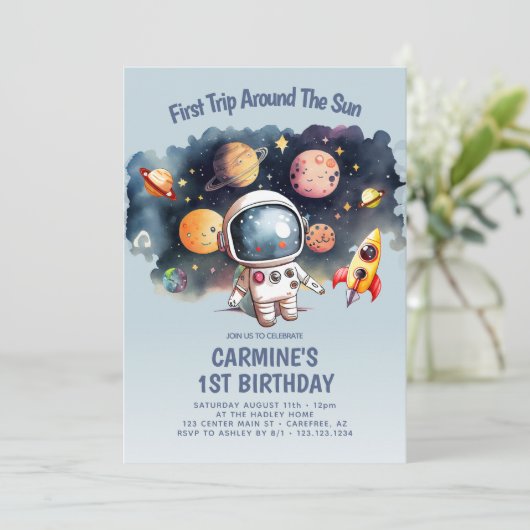 宇宙パーティーファーストのまわりにトリップサンファースト誕生日 招待状 (スタンド正面)