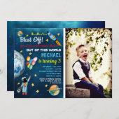 宇宙パーティー宇宙飛行士フォトバルーンロケット 招待状 (正面/裏面)