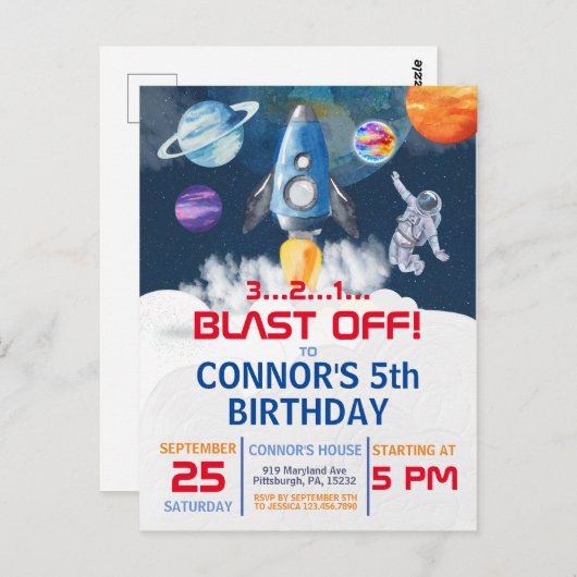 宇宙パーティー宇宙飛行士誕生日招待状 ポストカード (正面/裏面)