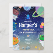 宇宙パーティー惑星動物誕生日 招待状 (正面)