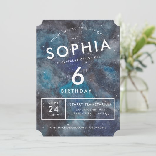 宇宙パーティー水彩パーソナライズされた子供の誕生日 招待状 (スタンド正面)