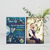 宇宙パーティー 宇宙飛行士 フォト風船 ロケット 招待状 (スタンド正面)