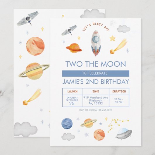 宇宙パーティー 宇宙飛行士 2歳の誕生日 招待状 (正面/裏面)