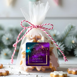 宇宙パープルティール(緑がかった色)金ゴールド太陽ムーン天文学結婚の スクエアシール