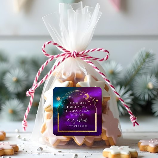 宇宙パープルティール(緑がかった色)金ゴールド太陽ムーン天文学結婚の スクエアシール