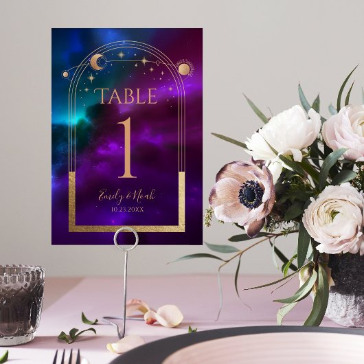 宇宙パープルティール(緑がかった色)金ゴールド太陽ムーン天文学結婚の テーブルナンバー
