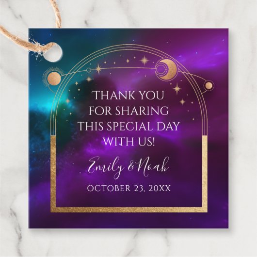 宇宙パープルティール(緑がかった色)金ゴールド太陽ムーン天文学結婚の フェイバータグ (正面)