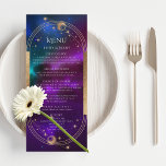 宇宙パープルティール（緑がかった色）金ゴールド太陽ムーン天文学結婚の メニュー<br><div class="desc">宇宙パープルティール（緑がかった色）金ゴールド太陽ムーン天文学のメニューカード結婚は、太陽と月と星の金ゴールドフレームをカラフルパープル、ティール（緑がかった色）、青の宇宙の背景に持ち、金ゴールド書のスクリプトの中央にあなたのメニュー詳細をモダン持つ。提供されている文字・ボックスで文字を編集してパーソナライズ。Evco Studio www.zazzle.com/store/evcostudioによるユーザー向け設計</div>