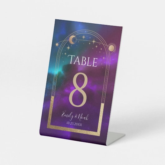 宇宙パープルティール(緑がかった色)金ゴールド太陽ムーン天文学結婚の 台座サイン (正面)