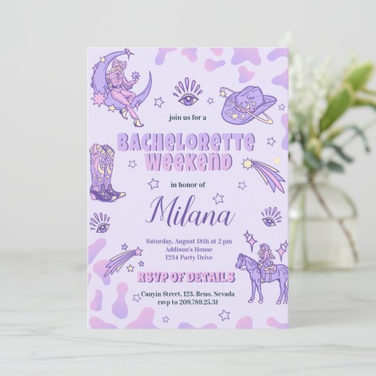 宇宙パープル女性のカーボーイバチェロレッテ招待状 招待状 (スタンド正面)