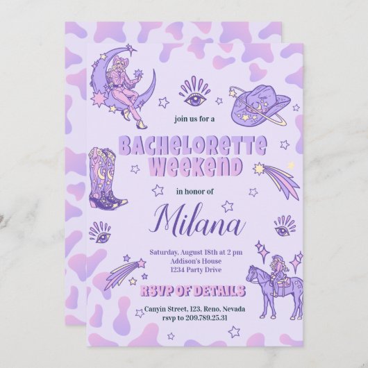宇宙パープル女性のカーボーイバチェロレッテ招待状 招待状 (正面/裏面)