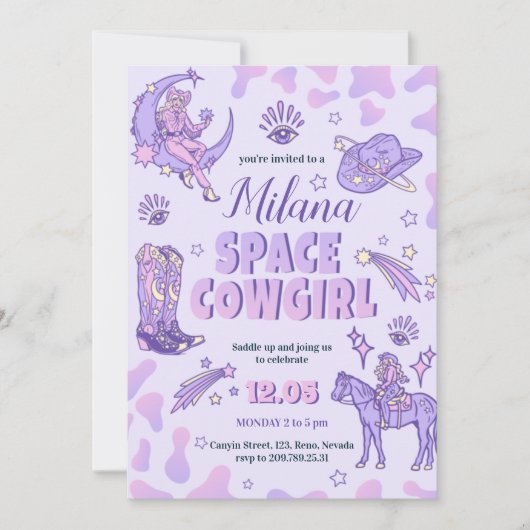 宇宙パープル女性のカーボーイ誕生日招待状 招待状 (正面)