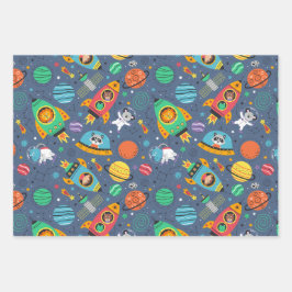 宇宙ヒッポとライオンの惑星パターン ラッピングペーパーシート