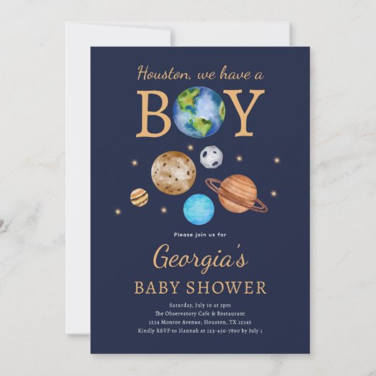 宇宙ヒューストン男の子の赤ちゃんシャワーを持っている 招待状 (正面)