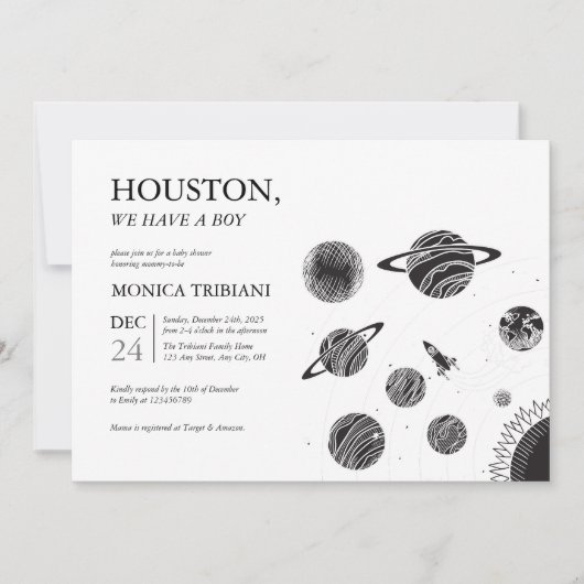 宇宙ヒューストン私たちは男の子の赤ちゃんシャワーを持っている 招待状 (正面)