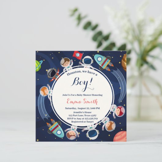 宇宙ヒューストン私たちは男の子の赤ちゃんシャワーを持っている 招待状 (スタンド正面)