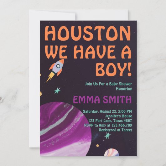 宇宙ヒューストン私たちは男の子の赤ちゃんシャワーを持っている 招待状 (正面)