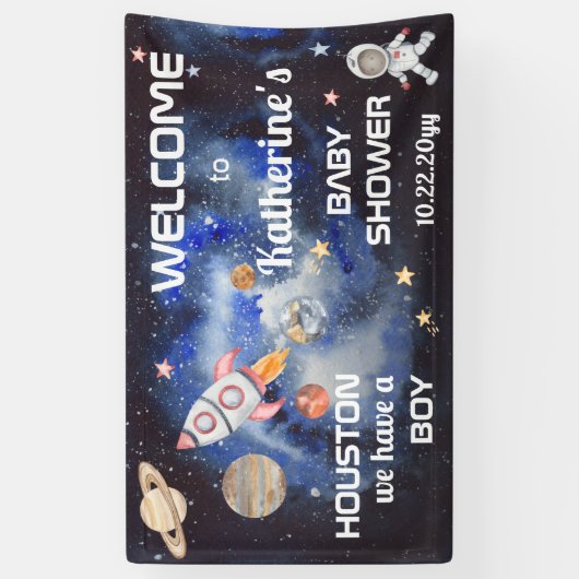 宇宙ヒューストン私たちは男の子の赤ちゃんシャワーを持っている 横断幕 (縦)