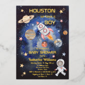 宇宙ヒューストン私たちは男の子の赤ちゃんシャワーを持っている 箔招待状 (正面)
