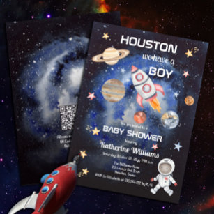 宇宙ヒューストン私たちは男の子QRベビーシャワーを持っている 招待状