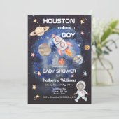 宇宙ヒューストン私たちは男の子QRベビーシャワーを持っている 招待状 (スタンド正面)