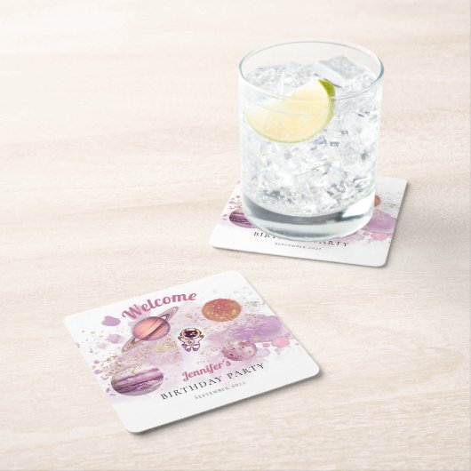 宇宙ピンクガールロケット惑星銀河系 スクエアペーパーコースター (インサイチュ)